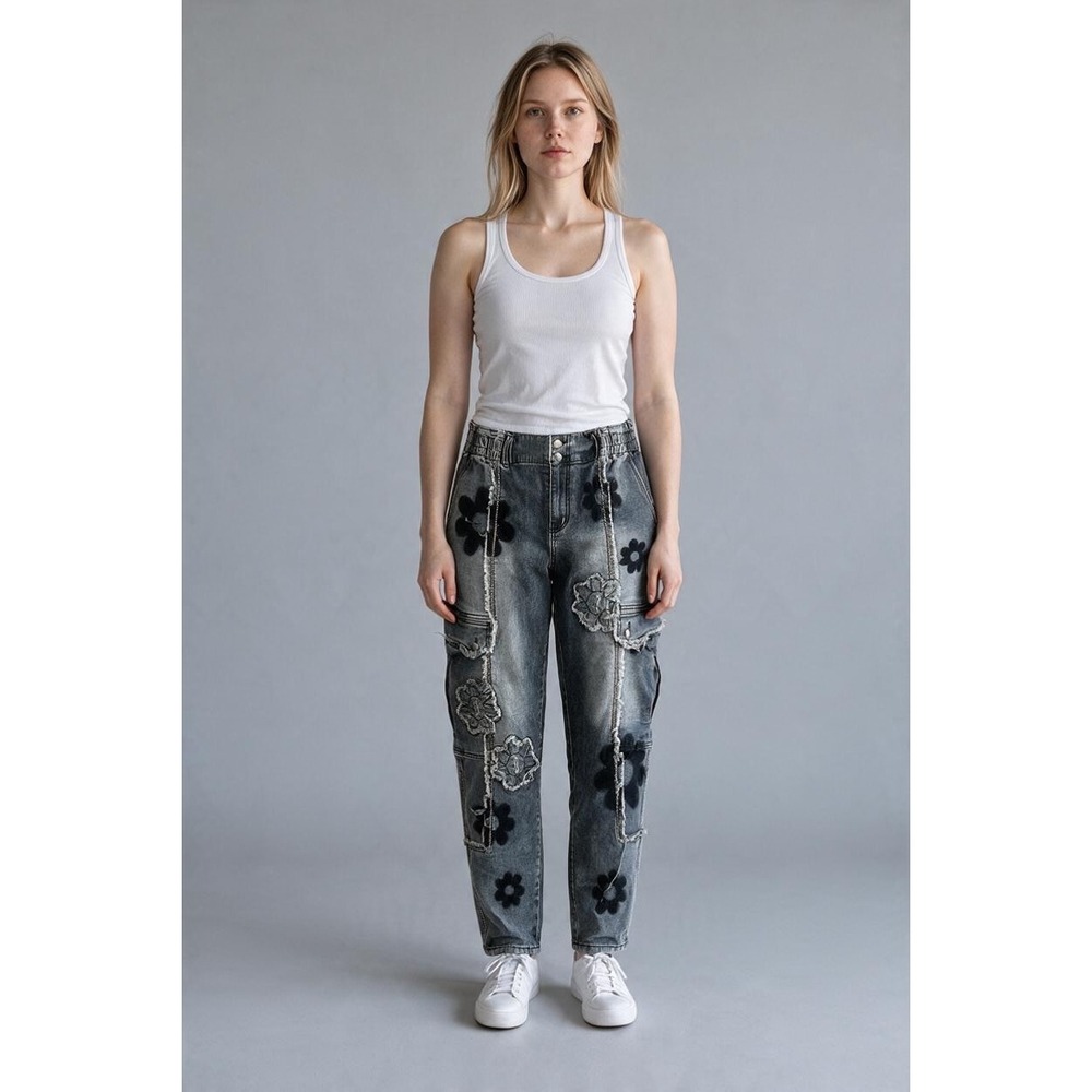 BAR Ollie & Halie Grey Floral Patchwork Cargo Jeans Black Patchwork Stars M Boho